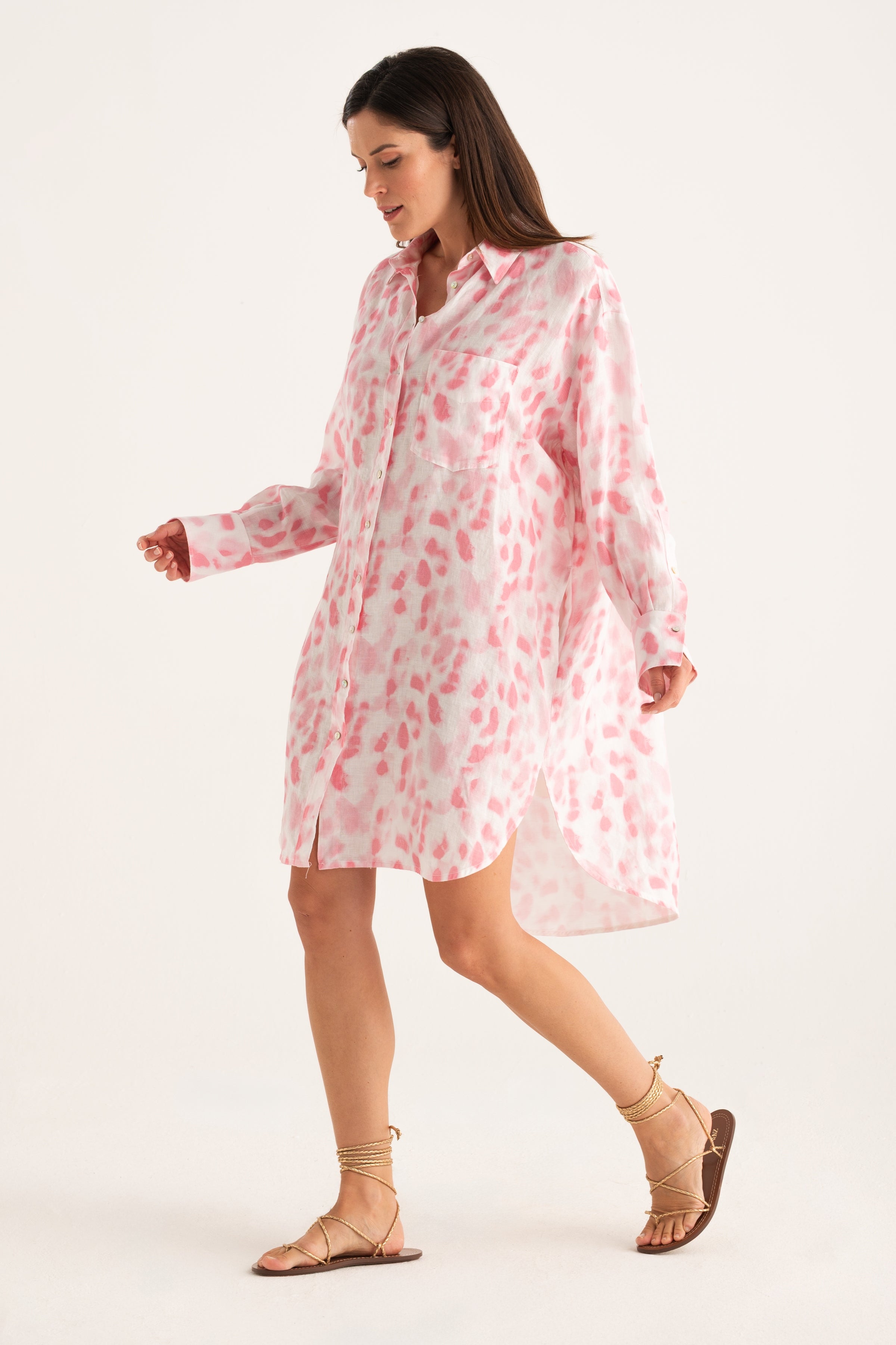chinese dress ladies Pink Linen Shirt Dress for Women — Mid Length
