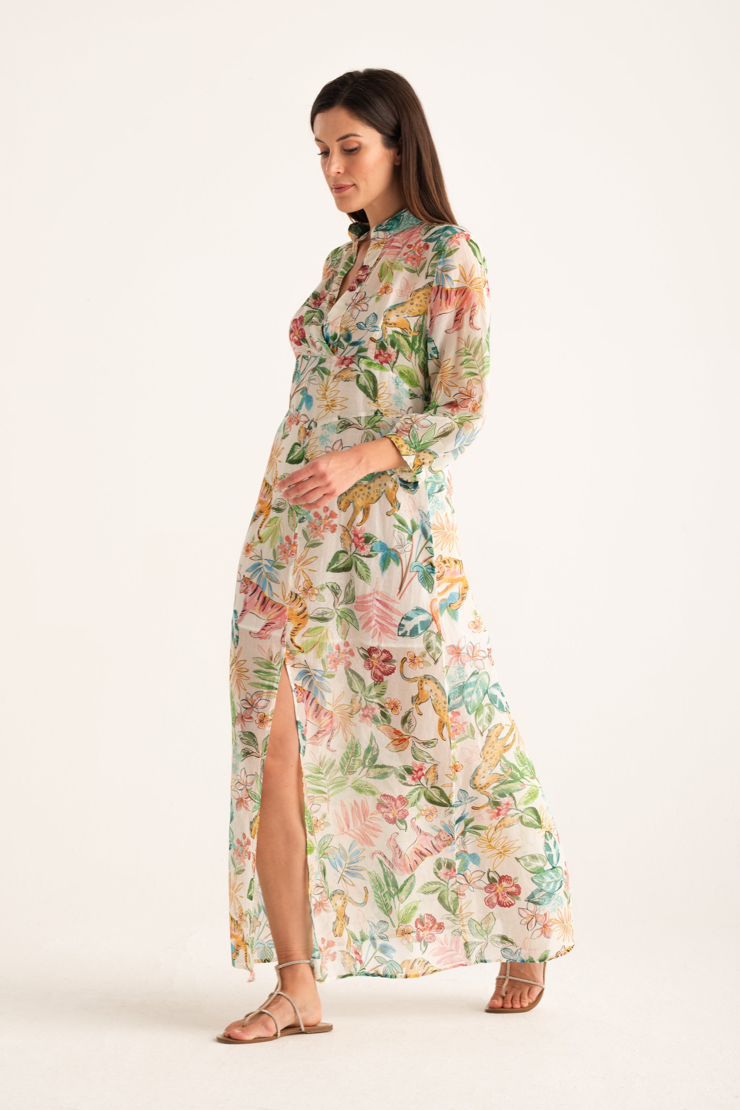 printed linen maxi dress Women's Prosperina Lucie Multi Linen Blend Scenic Coastal Print Maxi Dress | Size: M