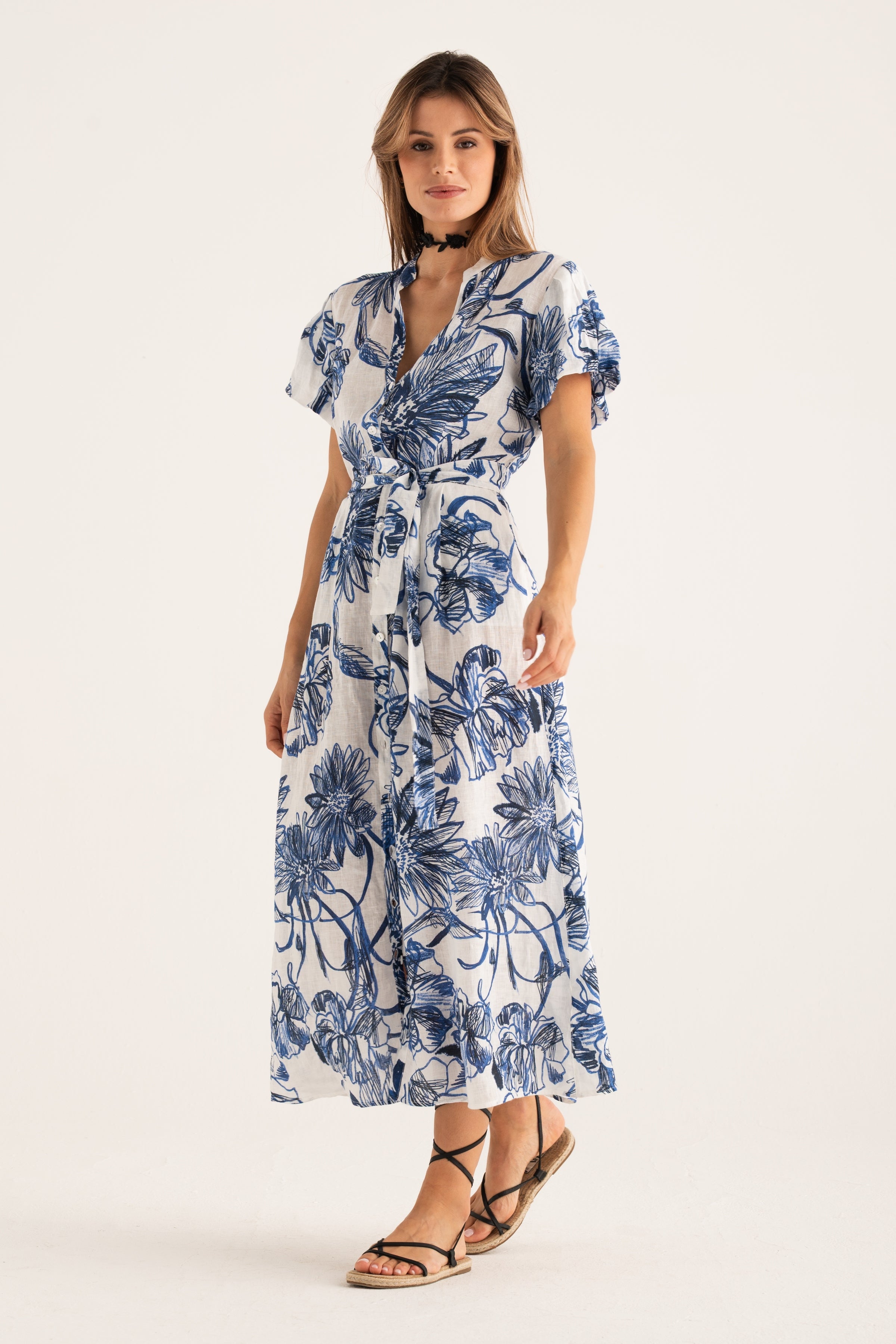 fitted lace wedding dress Regular fit short-sleeve midi shirt dress with floral print – 120% Lino