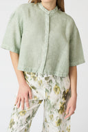 Boxy Linen Band Collar Shirt - 1