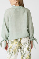 Linen V-Neck Blouse with Tie Cuffs - 2