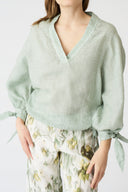 Linen V-Neck Blouse with Tie Cuffs - 1