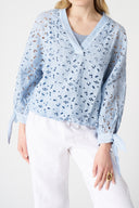 Embroidered Linen V-Neck Blouse with Tie Cuffs - 1