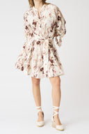 Printed Linen Mini Shirt Dress with Tie Cuffs - 1