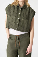 Embroidered Linen Cropped Sleeveless Shirt - 1