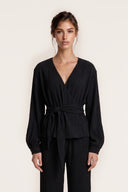 Plissé Wool-Viscose Belted Kimono Top - BLACK - 37153 - 1