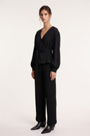 Plissé Wool-Viscose Belted Kimono Top - BLACK - 37153 - 3