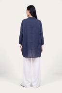 Relaxed Fit Oversized Long Linen Shirt - NAVY BLUE  - 35884 - 4