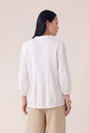 Regular Fit Pleated Linen Blouse - WHITE - 35699 - 3