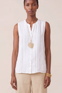 Regular Fit Sleeveless Linen Blouse with Pleated Front - WHITE - 35131 - 1