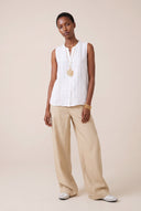 Regular Fit Sleeveless Linen Blouse with Pleated Front - WHITE - 35131 - 2