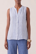 Regular Fit Sleeveless Linen Blouse with Pleated Front - PLACID BLU - 35164 - 1