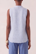 Regular Fit Sleeveless Linen Blouse with Pleated Front - PLACID BLU - 35164 - 3