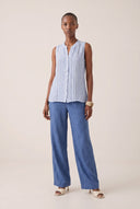 Regular Fit Sleeveless Linen Blouse with Pleated Front - PLACID BLU - 35164 - 2
