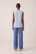 Regular Fit Sleeveless Linen Blouse with Pleated Front - PLACID BLU - 35164 - 4