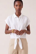 Regular Fit Short-Sleeved Linen Tie-Front Shirt - WHITE - 35166 - 1