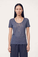 Round Neck Short-Sleeve Linen T-Shirt - NAVY BLUE  - 35651 - 1