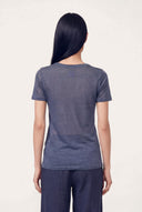 Round Neck Short-Sleeve Linen T-Shirt - NAVY BLUE  - 35651 - 3