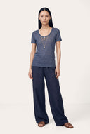 Round Neck Short-Sleeve Linen T-Shirt - NAVY BLUE  - 35651 - 2