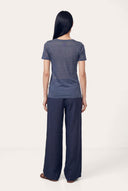 Round Neck Short-Sleeve Linen T-Shirt - NAVY BLUE  - 35651 - 4