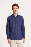 Short-Sleeved Longline Linen Shirt - NAVY BLUE  - 35148 - 1