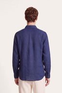 Short-Sleeved Longline Linen Shirt - NAVY BLUE  - 35148 - 3