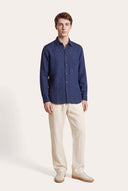 Short-Sleeved Longline Linen Shirt - NAVY BLUE  - 35148 - 2