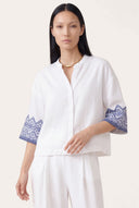 Relaxed Fit Boxy Linen Shirt with Geometric Embroidery - WHITE - 35165 - 1