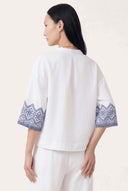 Relaxed Fit Boxy Linen Shirt with Geometric Embroidery - WHITE - 35165 - 3