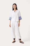 Relaxed Fit Boxy Linen Shirt with Geometric Embroidery - WHITE - 35165 - 2