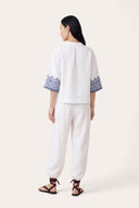 Relaxed Fit Boxy Linen Shirt with Geometric Embroidery - WHITE - 35165 - 5