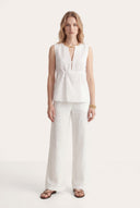 Regular Fit Sleeveless Sangallo Linen Blouse - WHITE - 35704 - 2