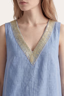 Relaxed A-line sleeveless dress with embellished V-neck - PLACID BLU - 35895 - 3