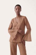 Linen Cotton V-Neck Flared Blouse