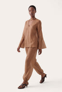 Linen Cotton V-Neck Flared Blouse