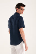 Short-Sleeved Regular Fit Linen Shirt - NAVY BLUE  - 35147 - 3