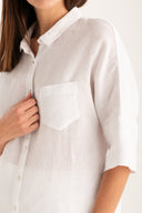 Relaxed V- Neck Linen Shirt - WHITE - 35159 - 4