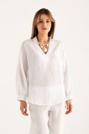 Regular Fit Relaxed V-Neck Linen Blouse - 1