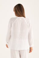 Regular Fit Relaxed V-Neck Linen Blouse - WHITE - 35161 - 3
