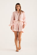 Regular Fit Embroidered Linen Shirt with Openwork Detailing