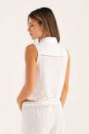 Sleeveless Cropped Linen Shirt with Eyelet Embroidery - WHITE - 35169 - 3