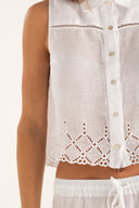 Sleeveless Cropped Linen Shirt with Eyelet Embroidery - WHITE - 35169 - 4