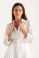 Regular fit long-sleeve Flared Linen Shirt Dress - WHITE - 35897 - 4