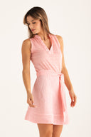 Regular fit sleeveless dress with a split neckline and waist tie