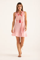 Regular fit sleeveless dress with a split neckline and waist tie